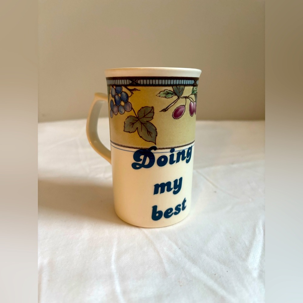Upcycled retro cottagecore fruit mug with Doing My Best graphic design